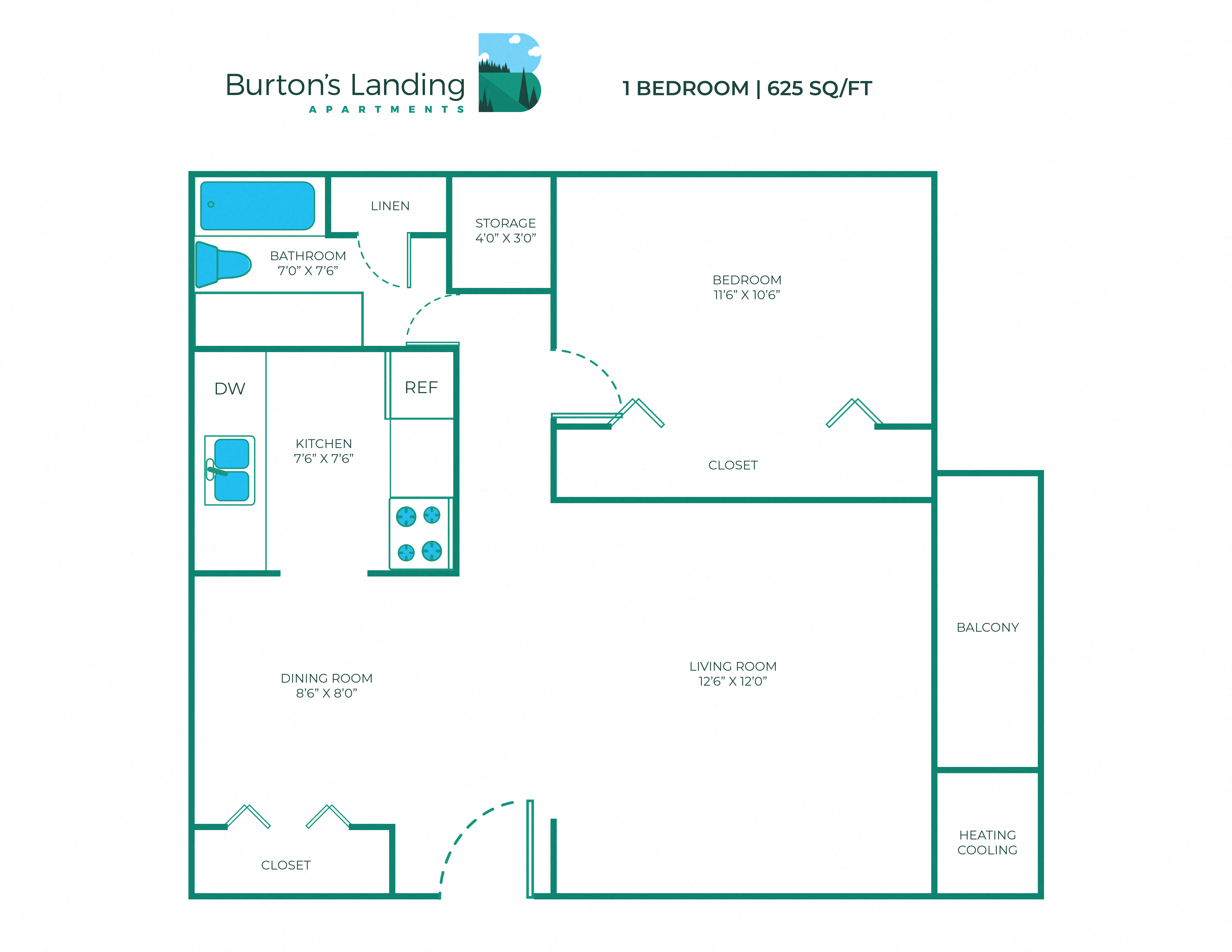 1 Bed, 1 Bath - 625 sq ft