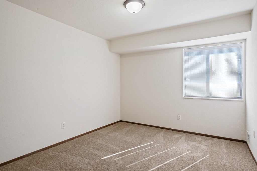 A room with a carpeted floor and a window with blinds.
