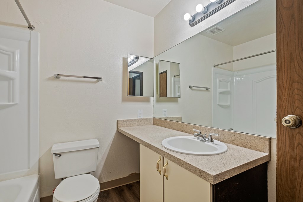A bathroom with a toilet, sink, and mirror.