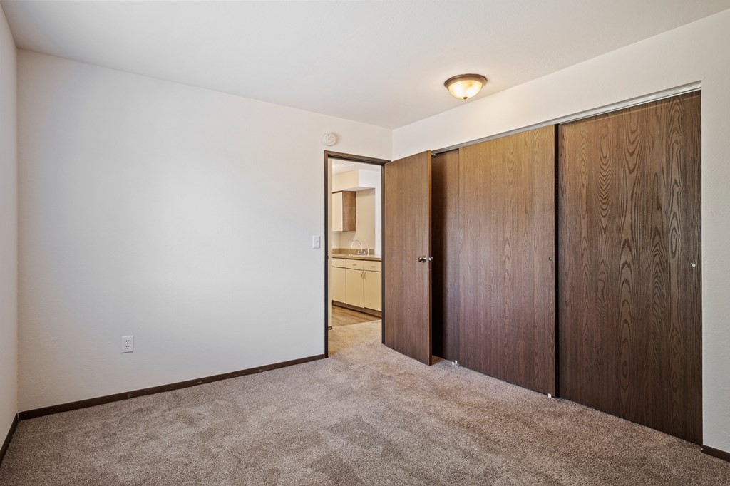 A room with brown wardrobes and a carpeted floor.