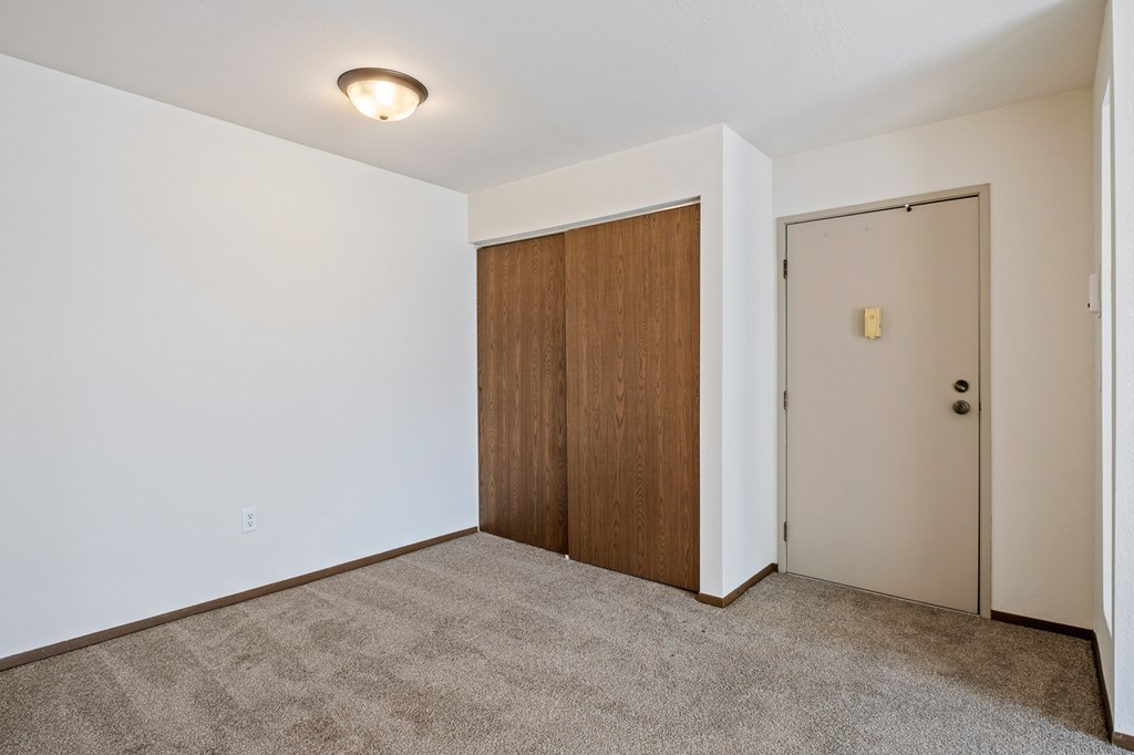 A room with a brown door and a carpeted floor.