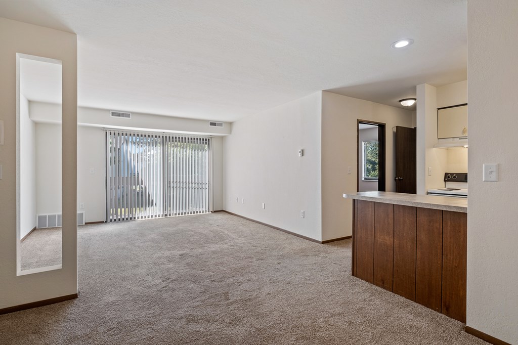 A large, empty room with a carpeted floor and a sliding glass door.