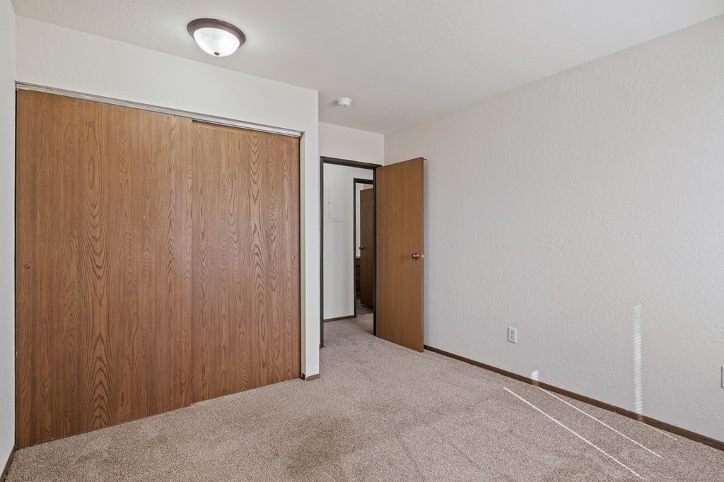 A room with a brown door and carpeted floor.