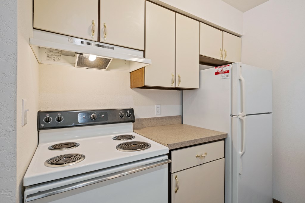 A kitchen with a stove, refrigerator, and cabinets.