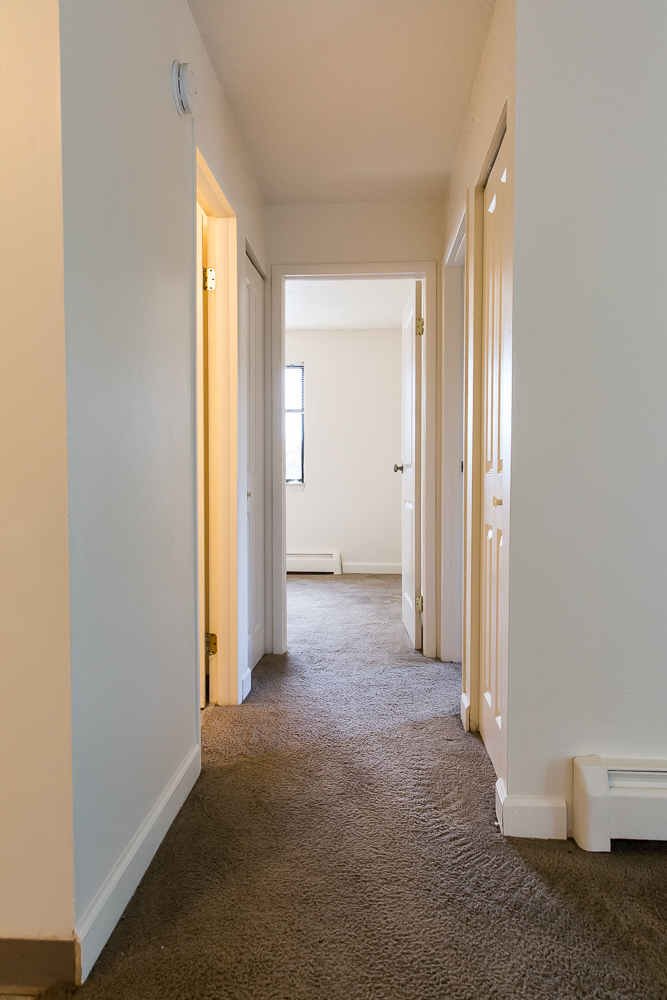a living room with white walls and a carpeted floor