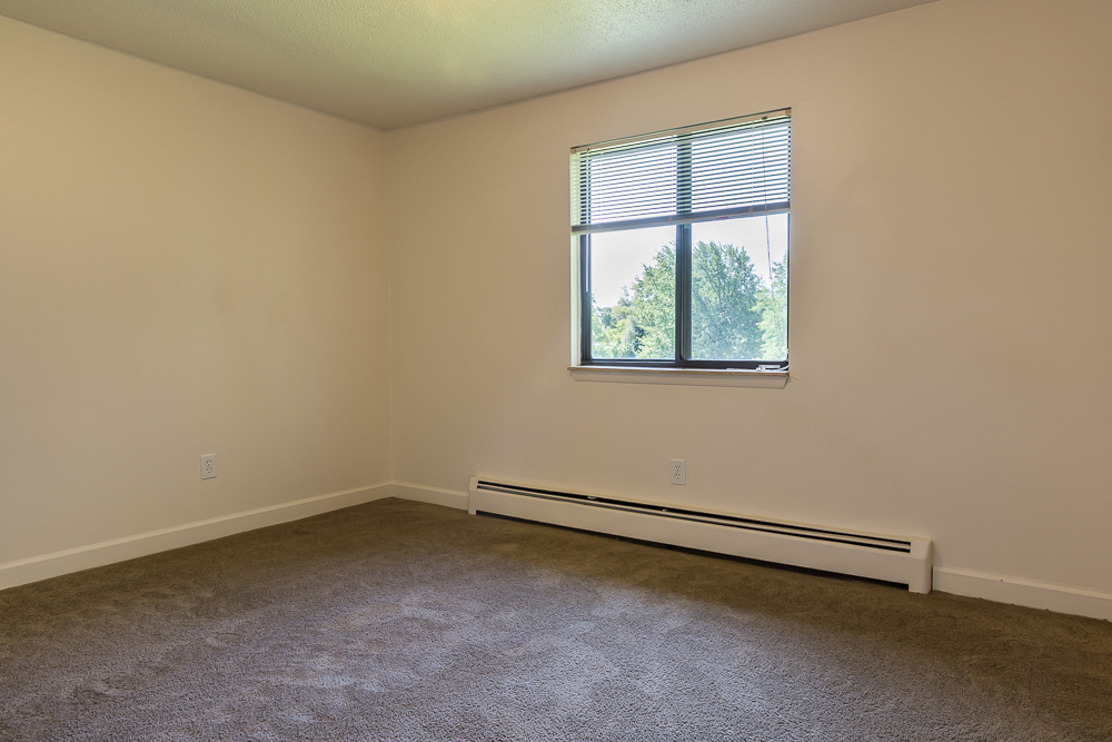 an empty room with carpet and a window
