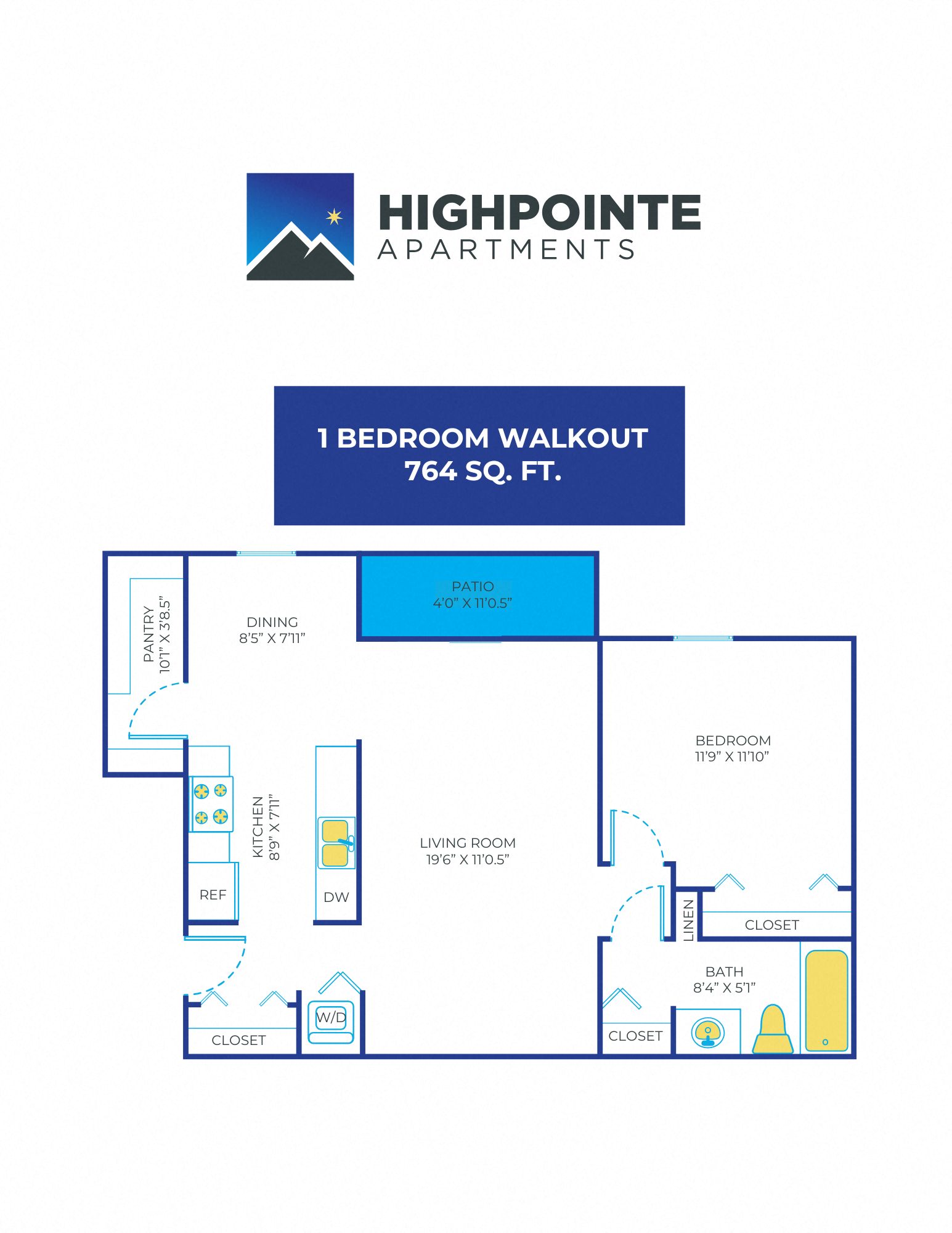 1 Bed, 1 Bath - 764 sq ft