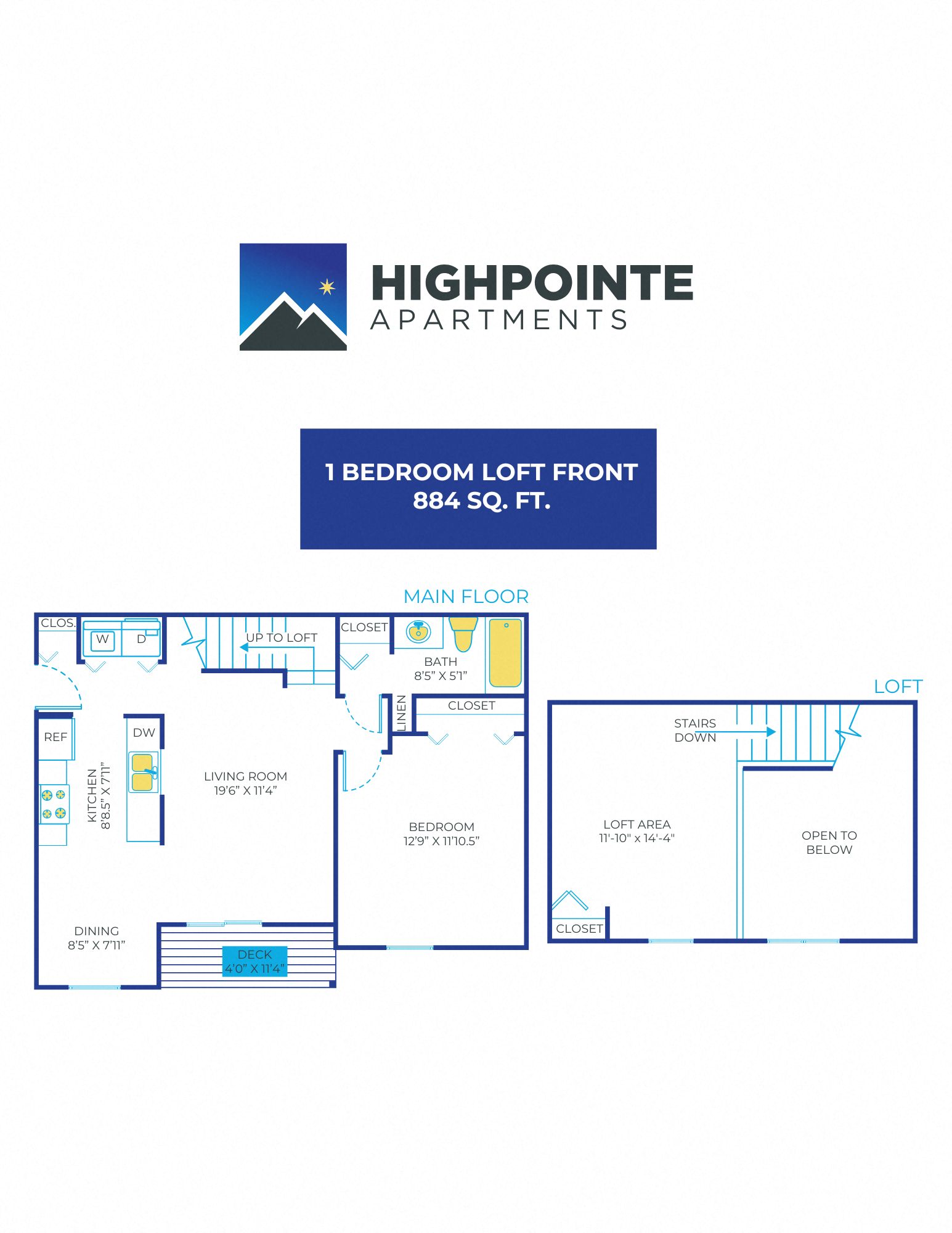 1 Bed, 1 Bath Loft - 884 sq ft
