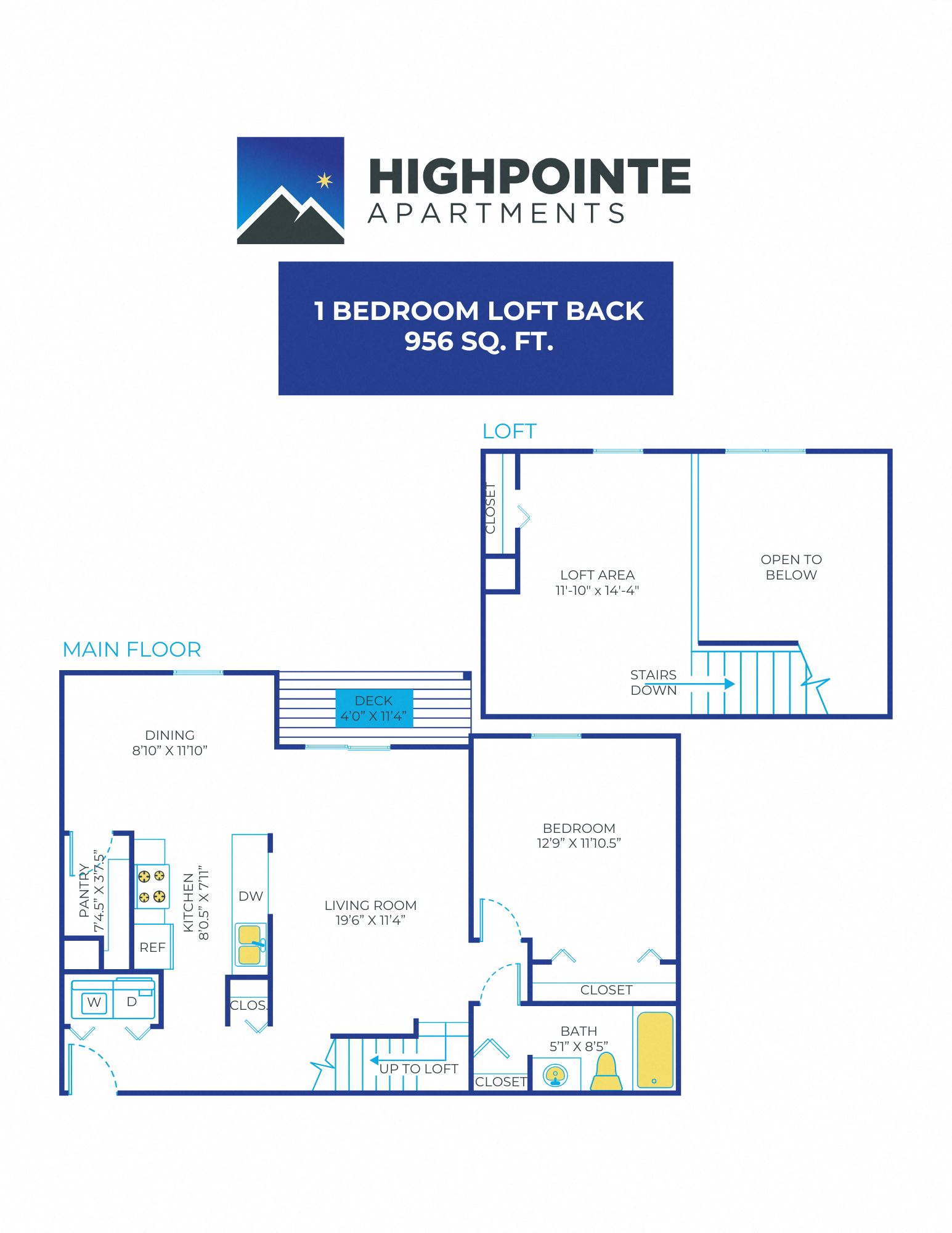 1 Bed, 1 Bath Loft - 956 sq ft