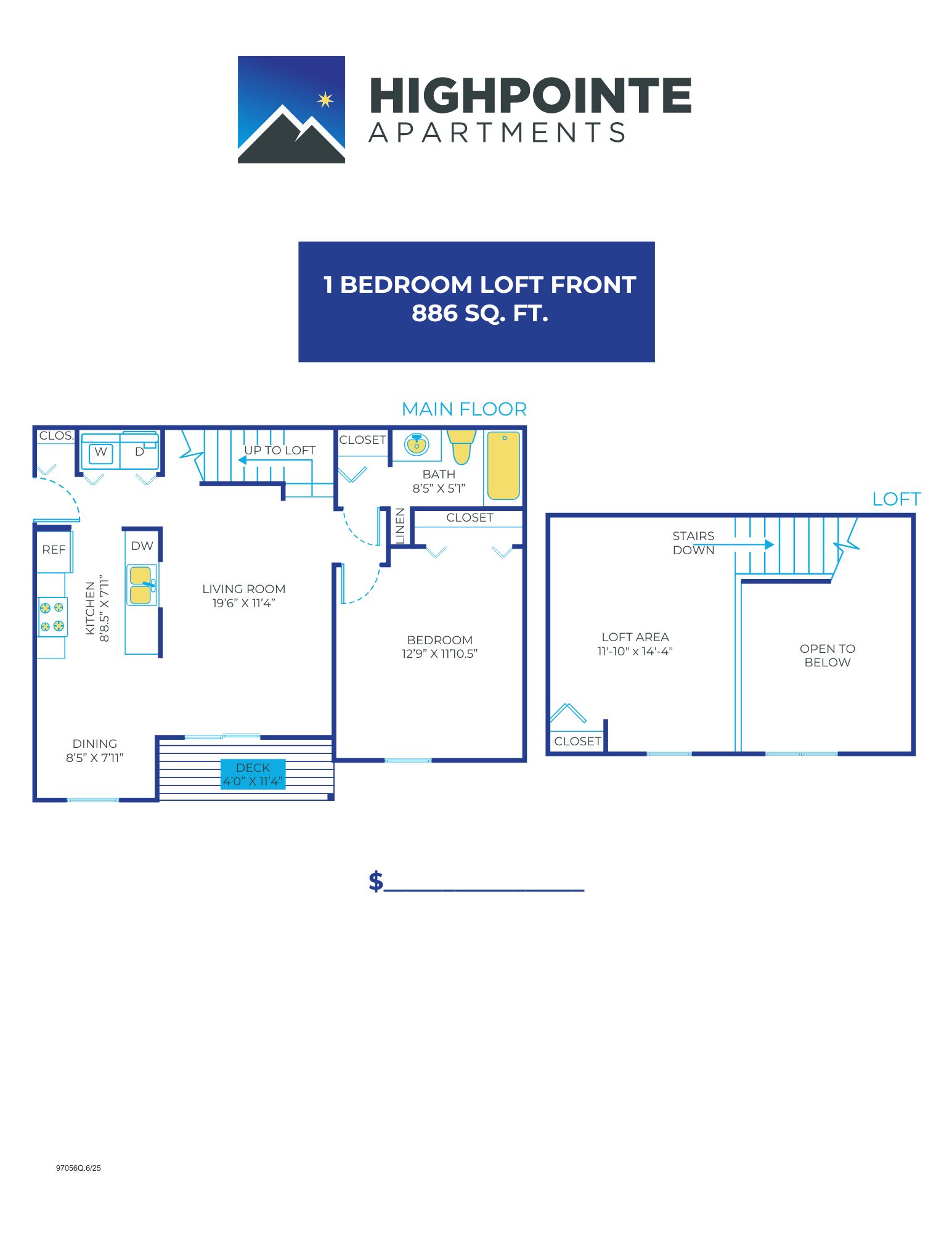 1 Bed, 1 Bath Loft - 886 sq ft