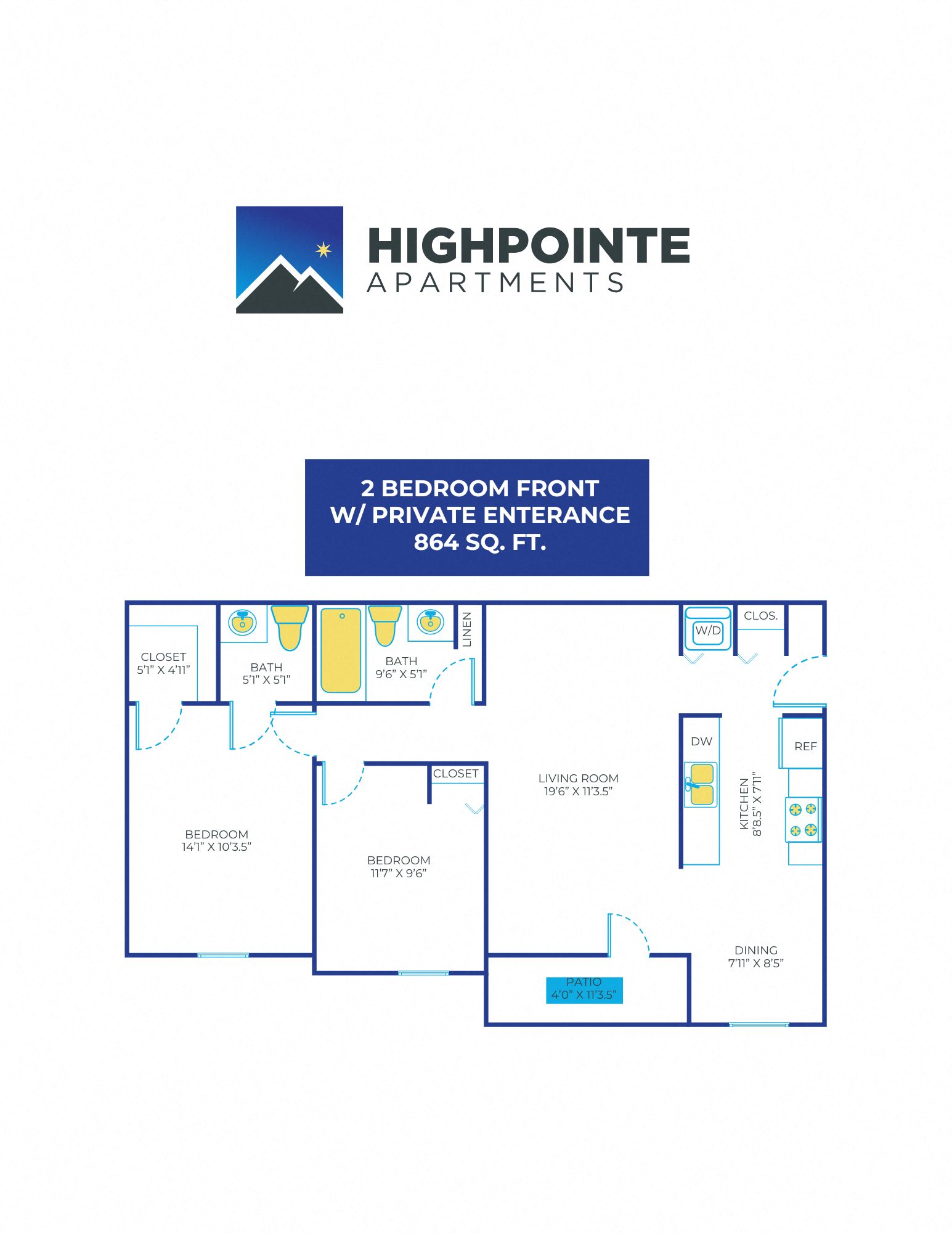 2 Bed, 1.5 Bath - 864 sq ft