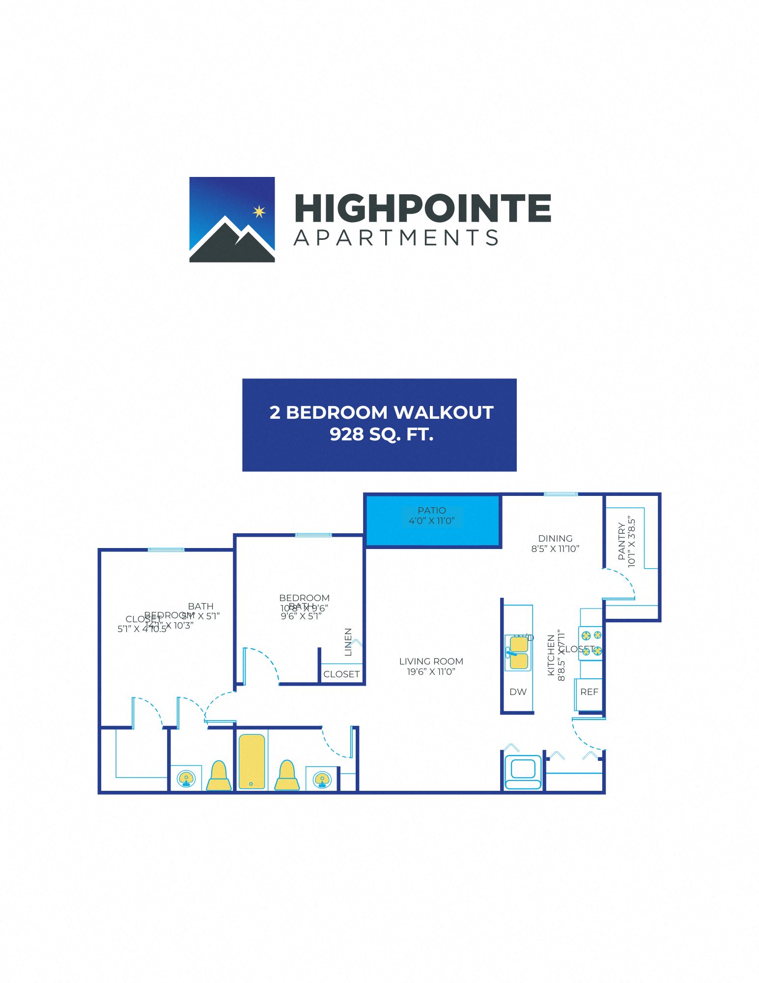 2 Bed, 1.5 Bath - 928 sq ft