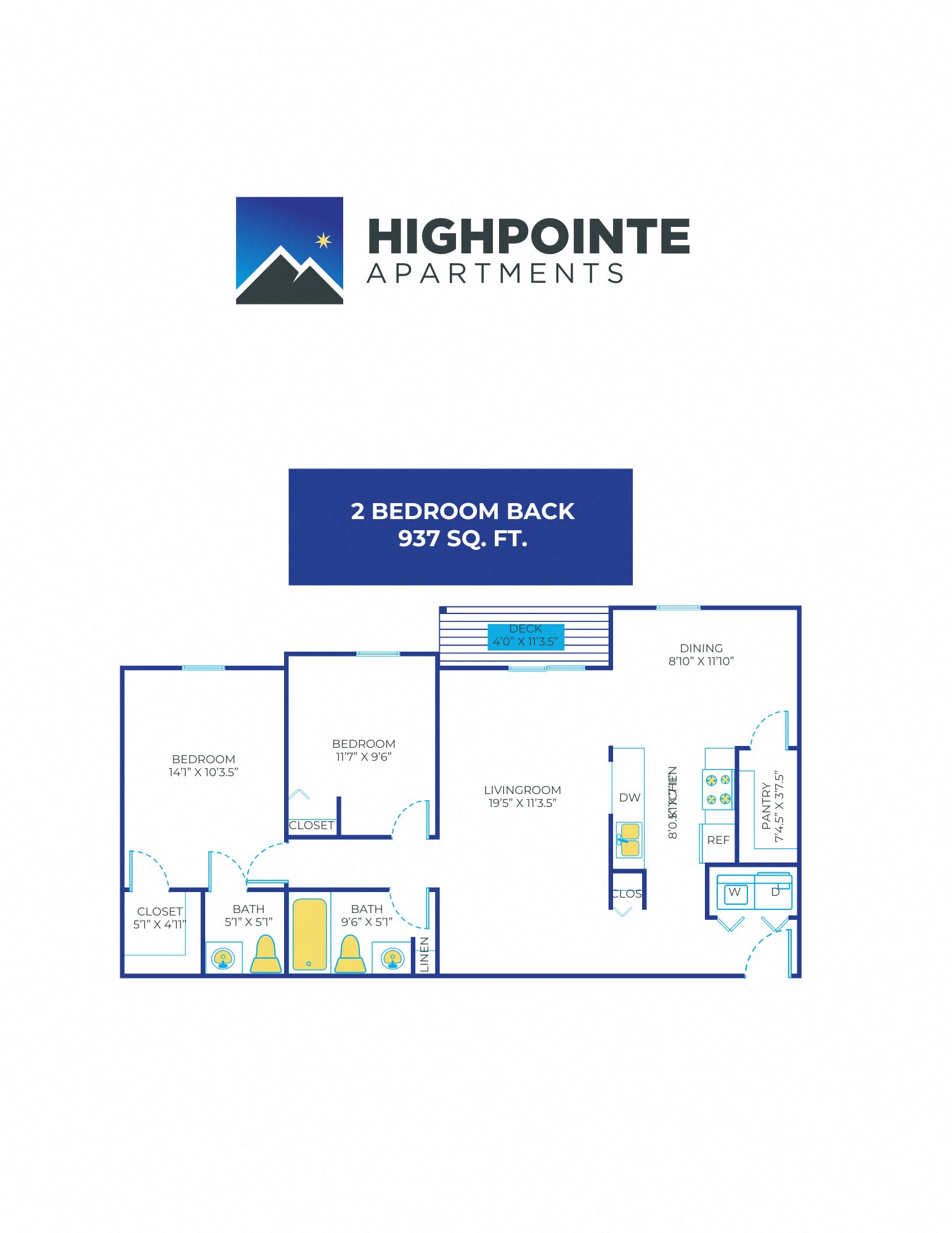2 Bed, 1.5 Bath - 937 sq ft