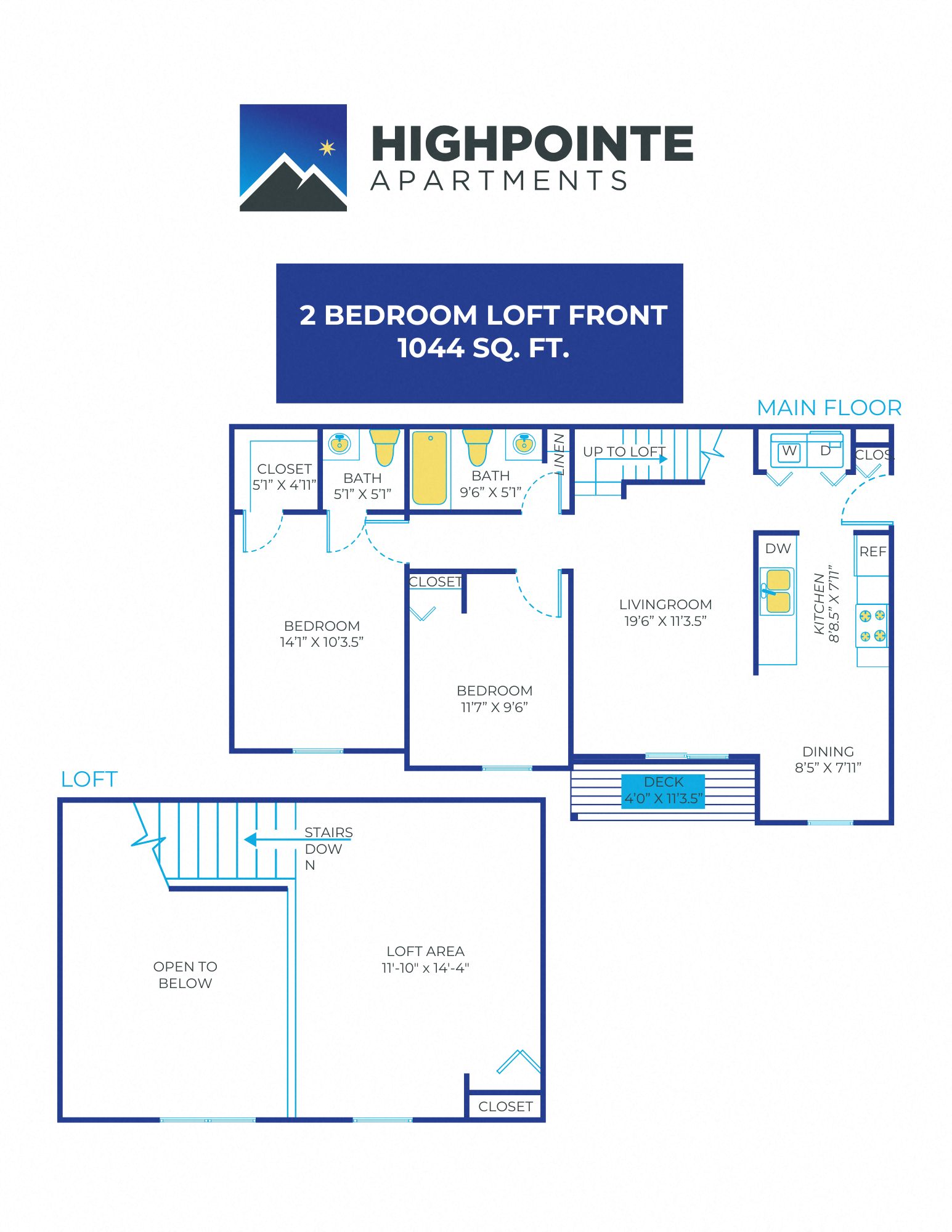 2 Bed, 1.5 Bath Loft - 1,044 sq ft