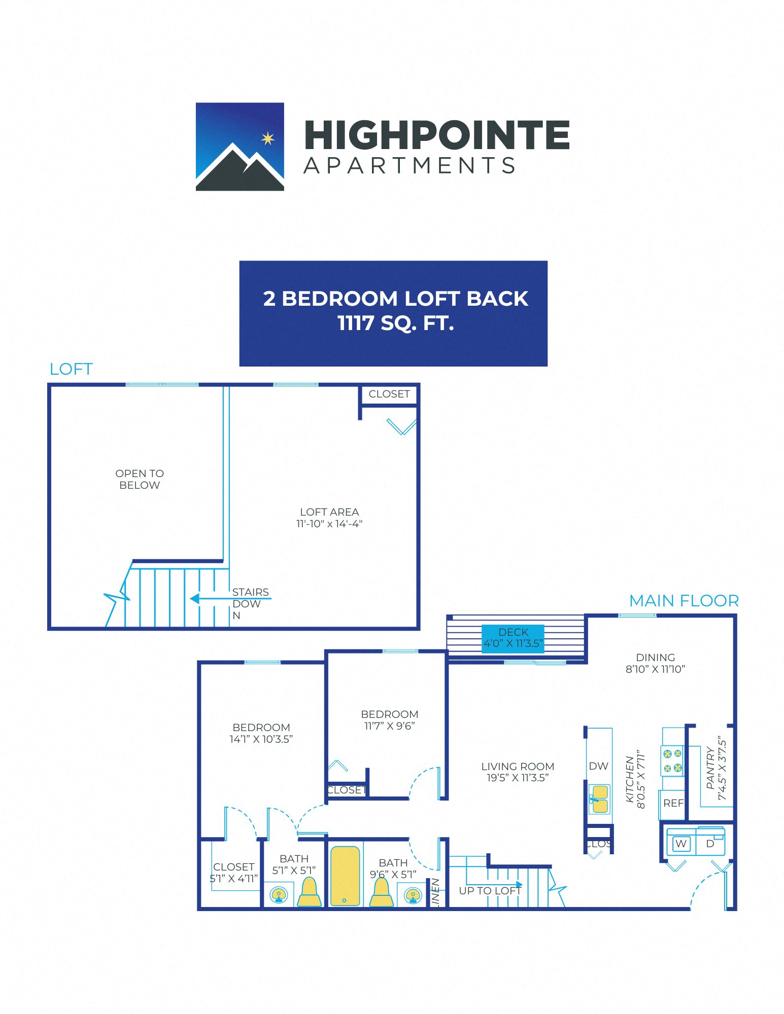 2 Bed, 1.5 Bath Loft - 1,117 sq ft