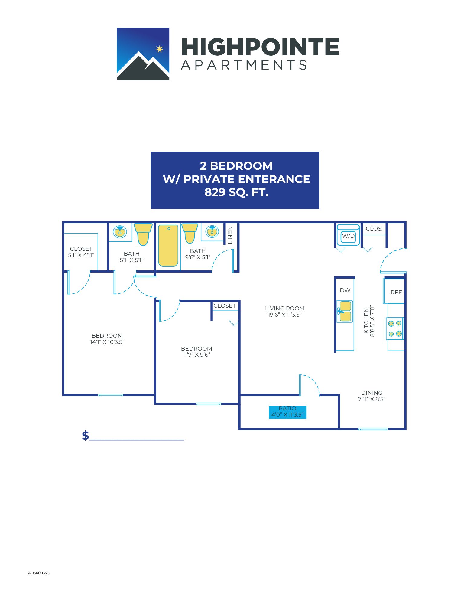 2 Bed, 1.5 Bath - 829 sq ft
