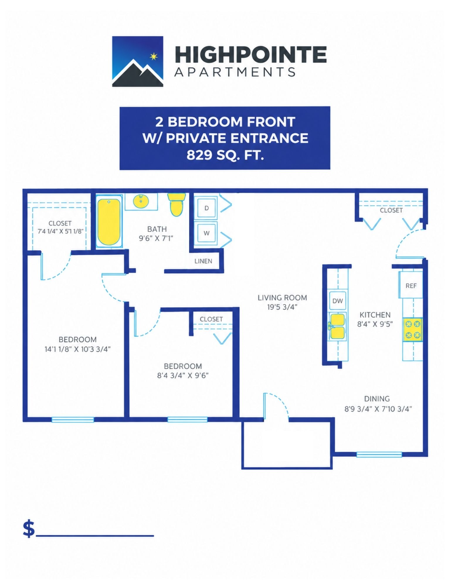 2 Bed, 1 Bath - 829 sq ft
