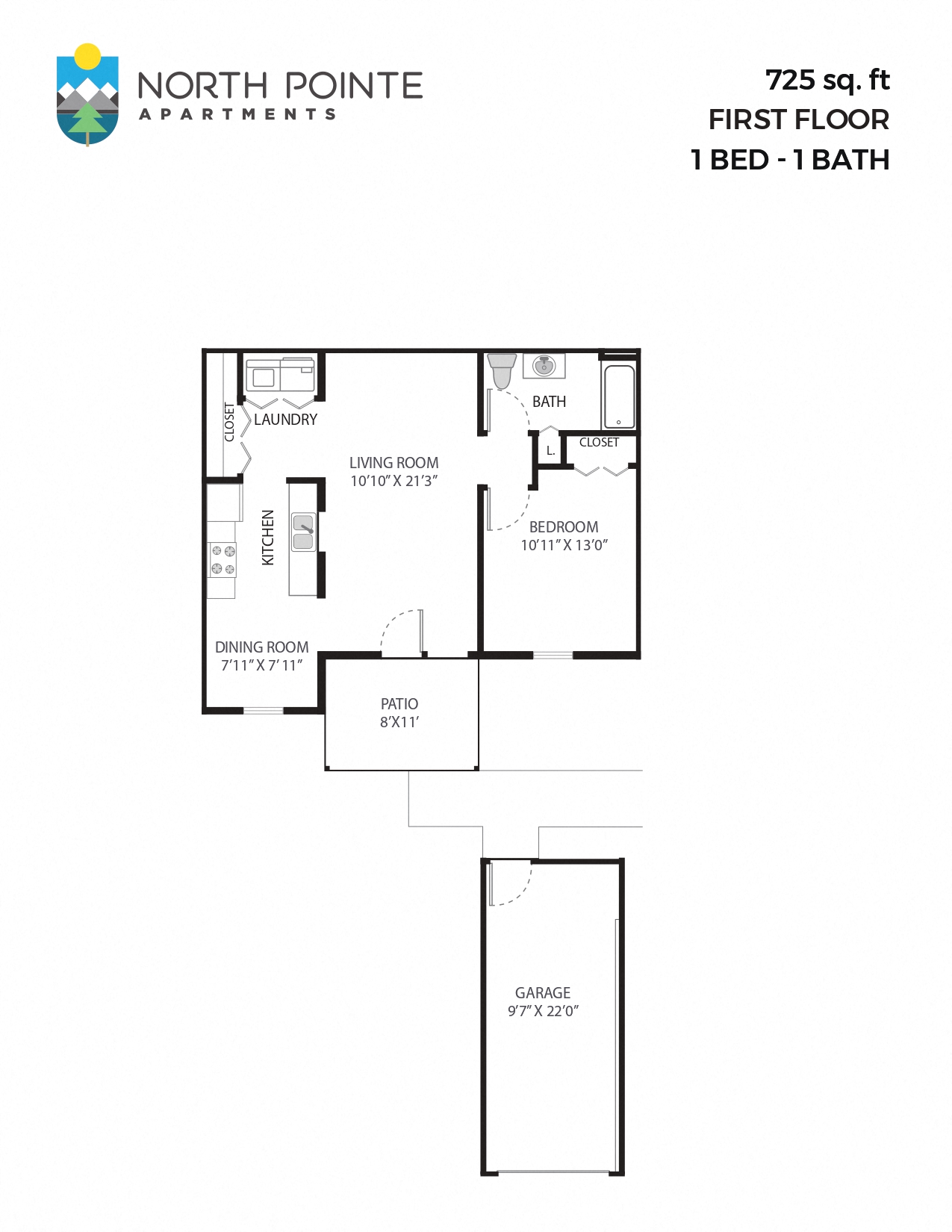 1 Bed, 1 Bath - 725 sq ft
