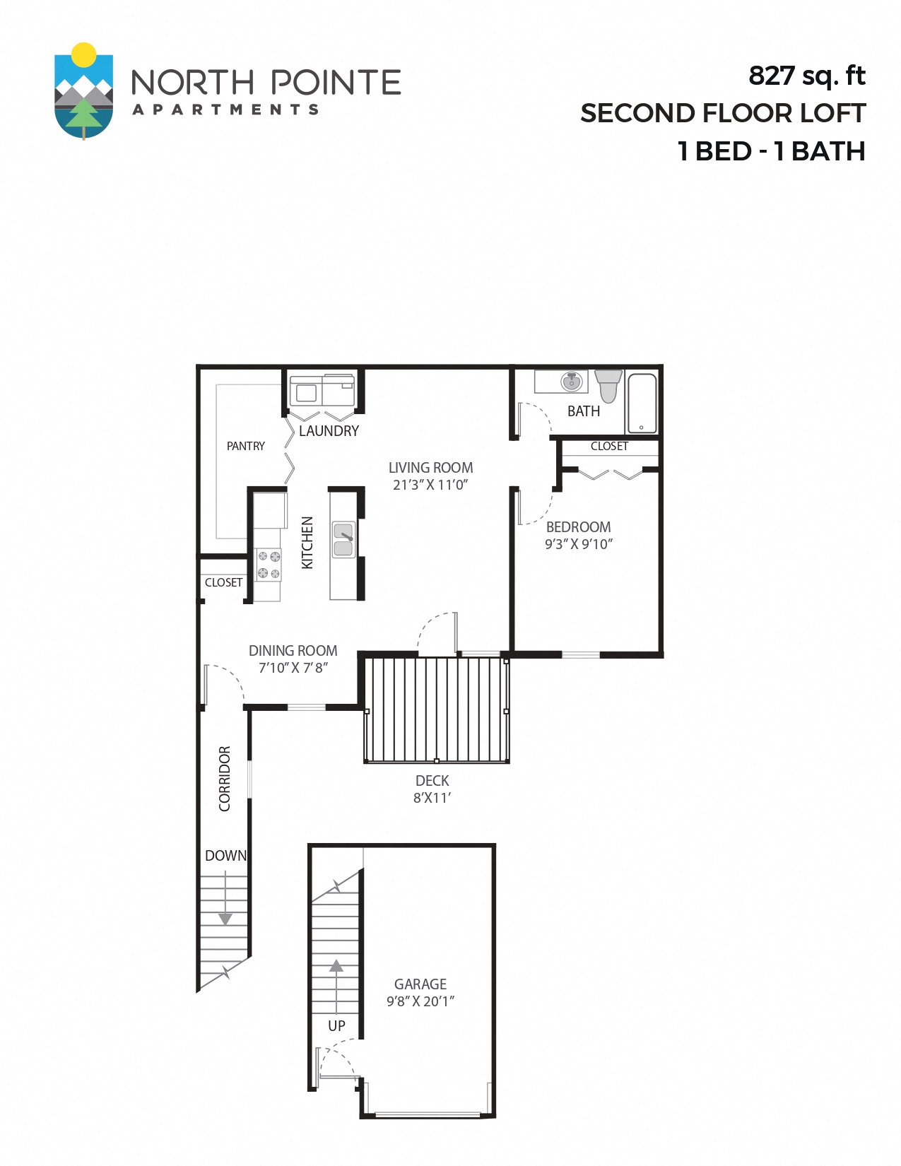 1 Bed, 1 Bath - 827 sq ft