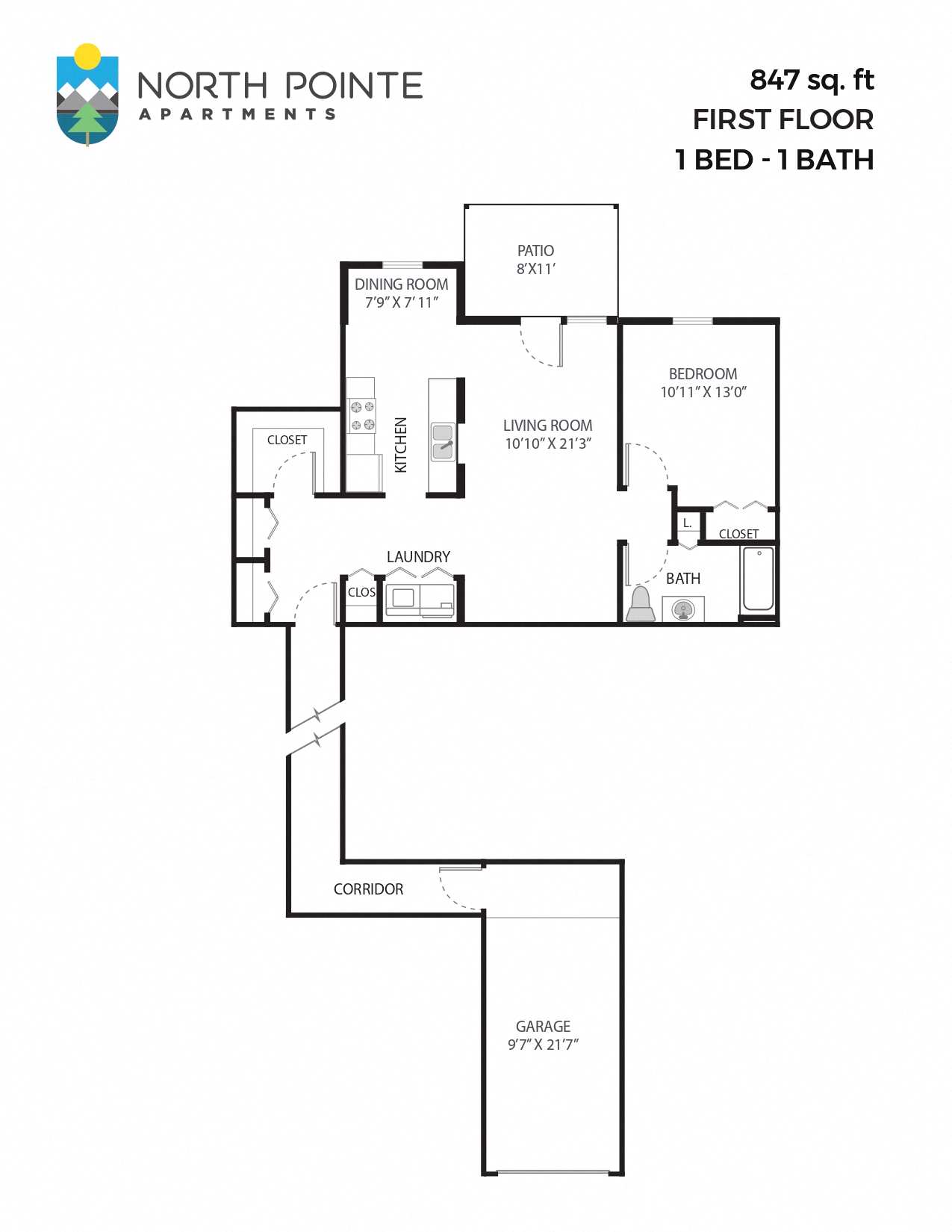 1 Bed, 1 Bath - 847 sq ft