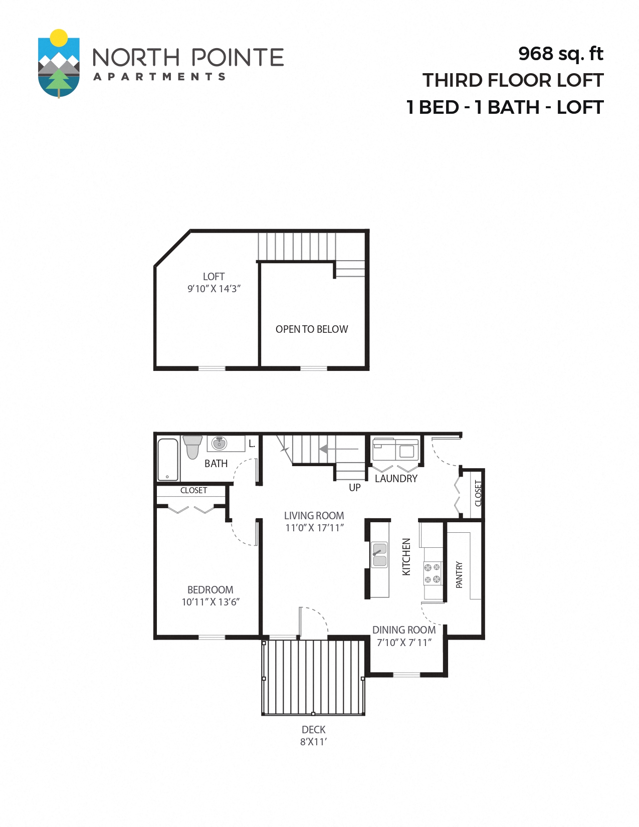 1 Bed, 1 Bath - 967 sq ft