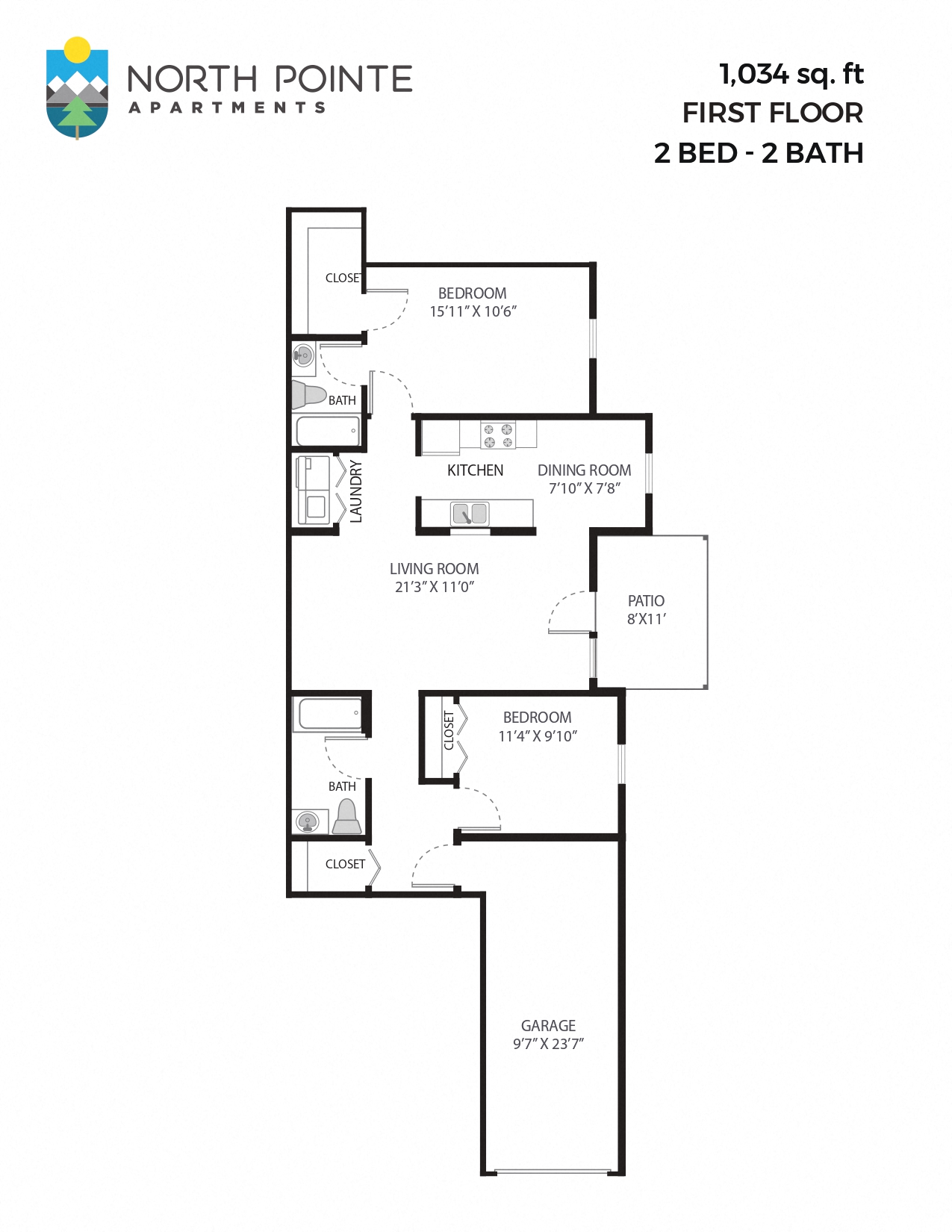 2 Bed, 2 Bath - 1,034 sq ft