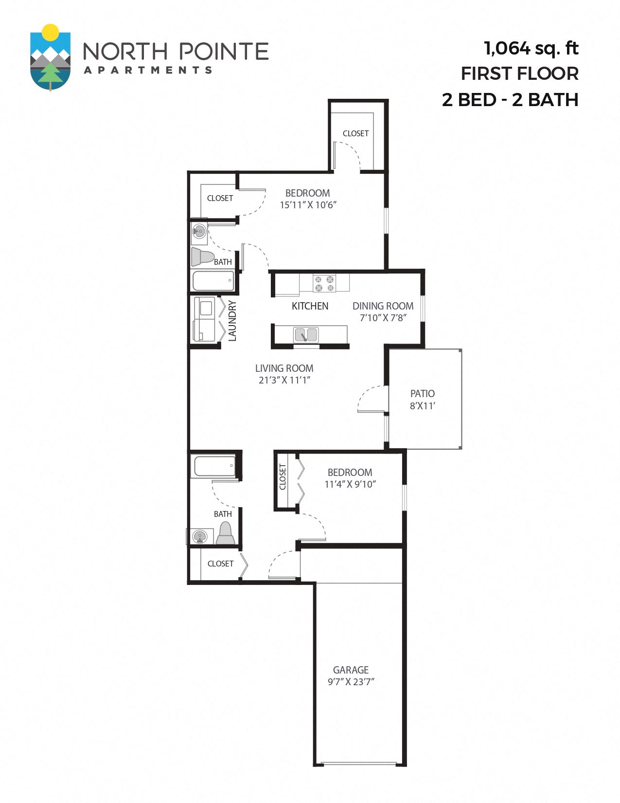 2 Bed, 2 Bath - 1,064 sq ft