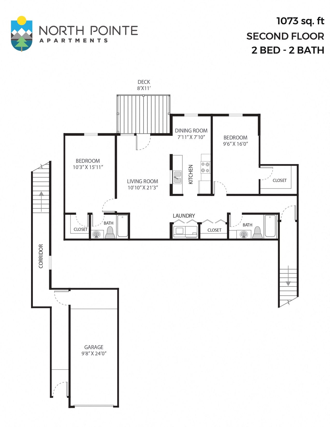 2 Bed, 2 Bath - 1,073 sq ft