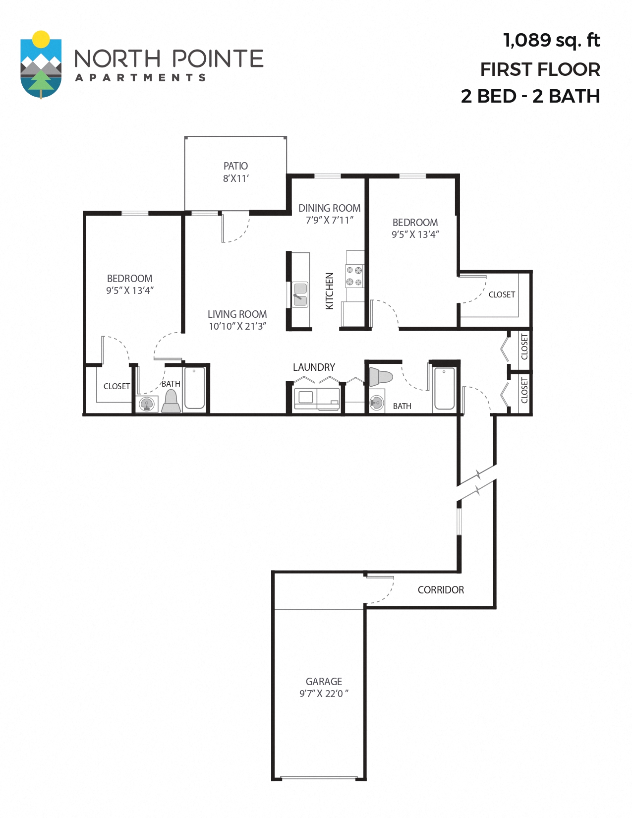 2 Bed, 2 Bath - 1,089 sq ft