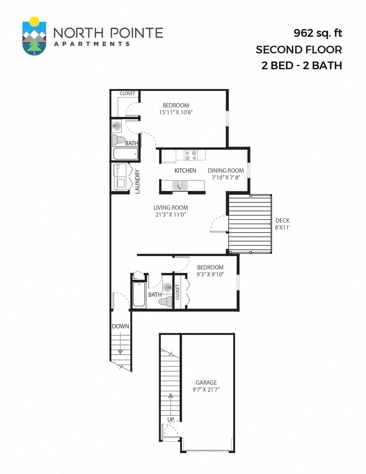 2 Bed, 2 Bath - 962 sq ft