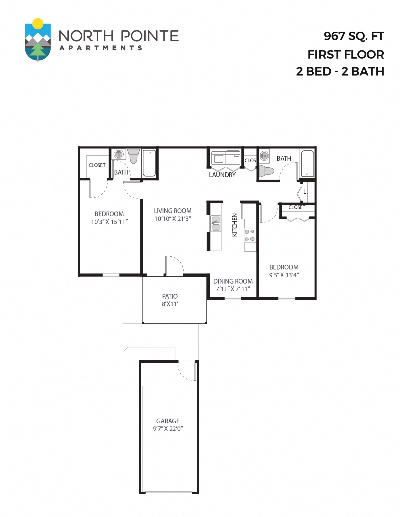 2 Bed, 2 Bath - 967 sq ft