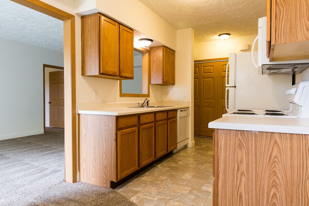 a kitchen with wooden cabinets and a sink and a refrigerator