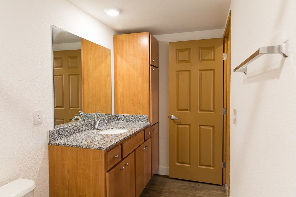 a bathroom with a sink and a mirror and a door