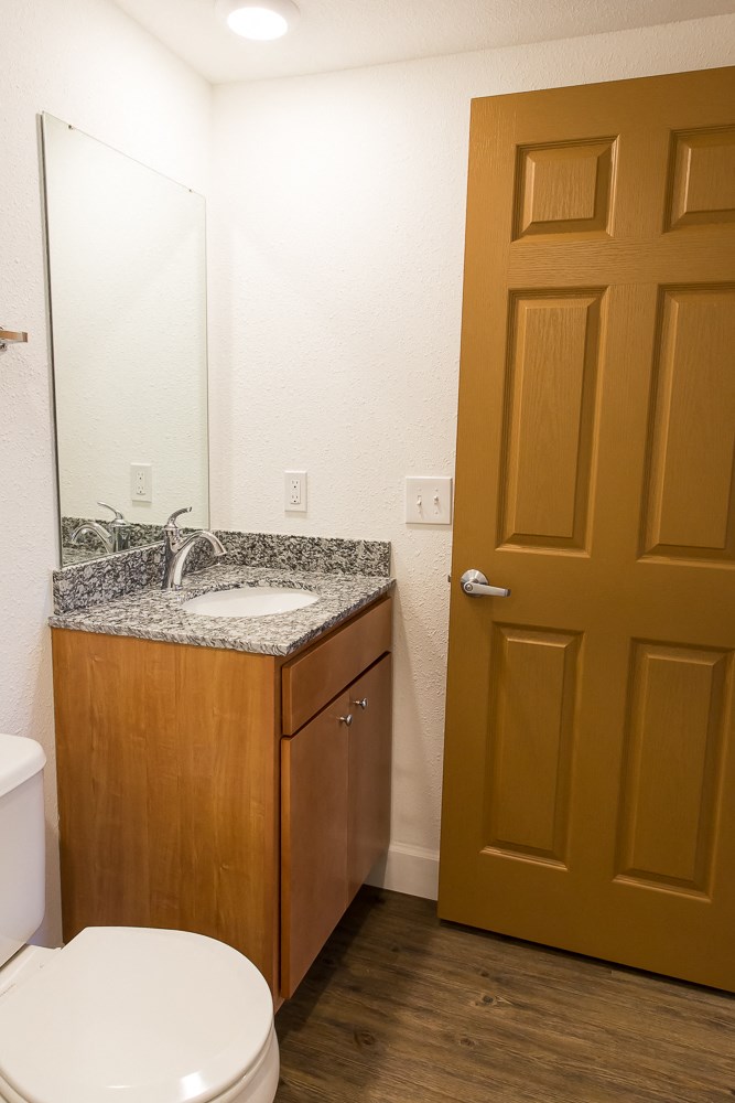 a bathroom with a toilet and a sink and a door