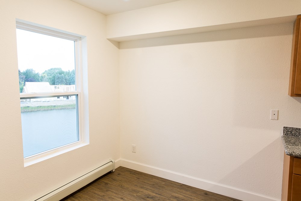 an empty room with a window and wood flooring