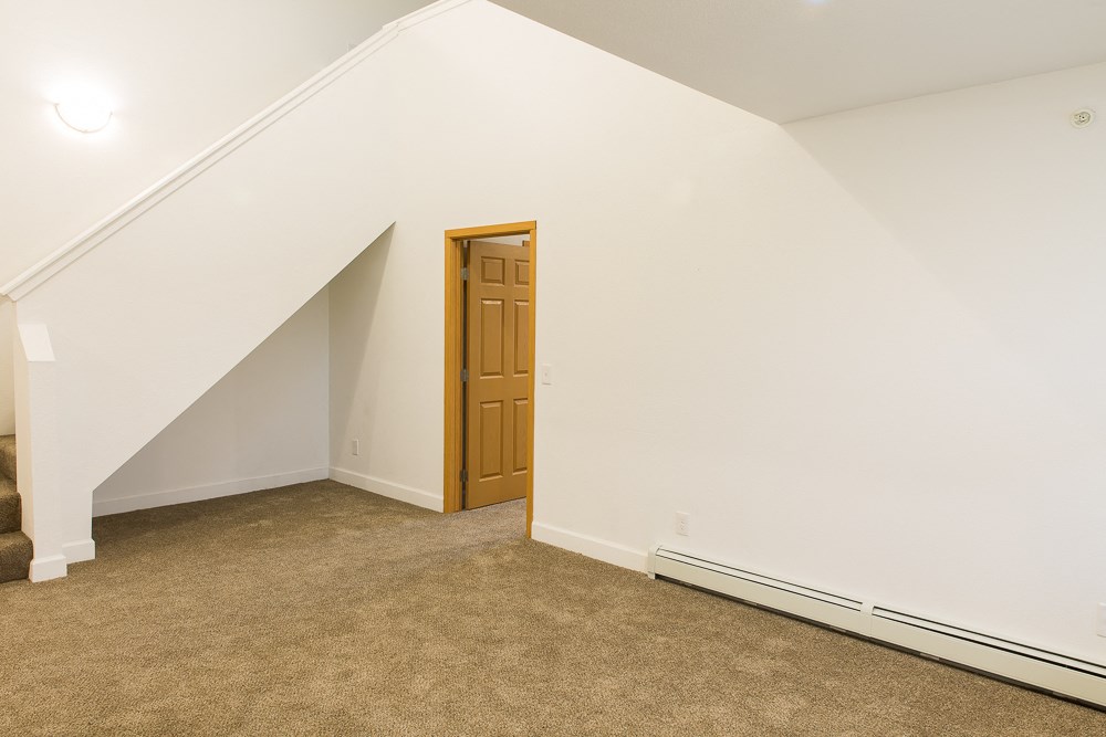 a room with a carpeted floor and a wooden door