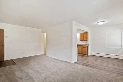 A spacious room with a carpeted floor and white walls.