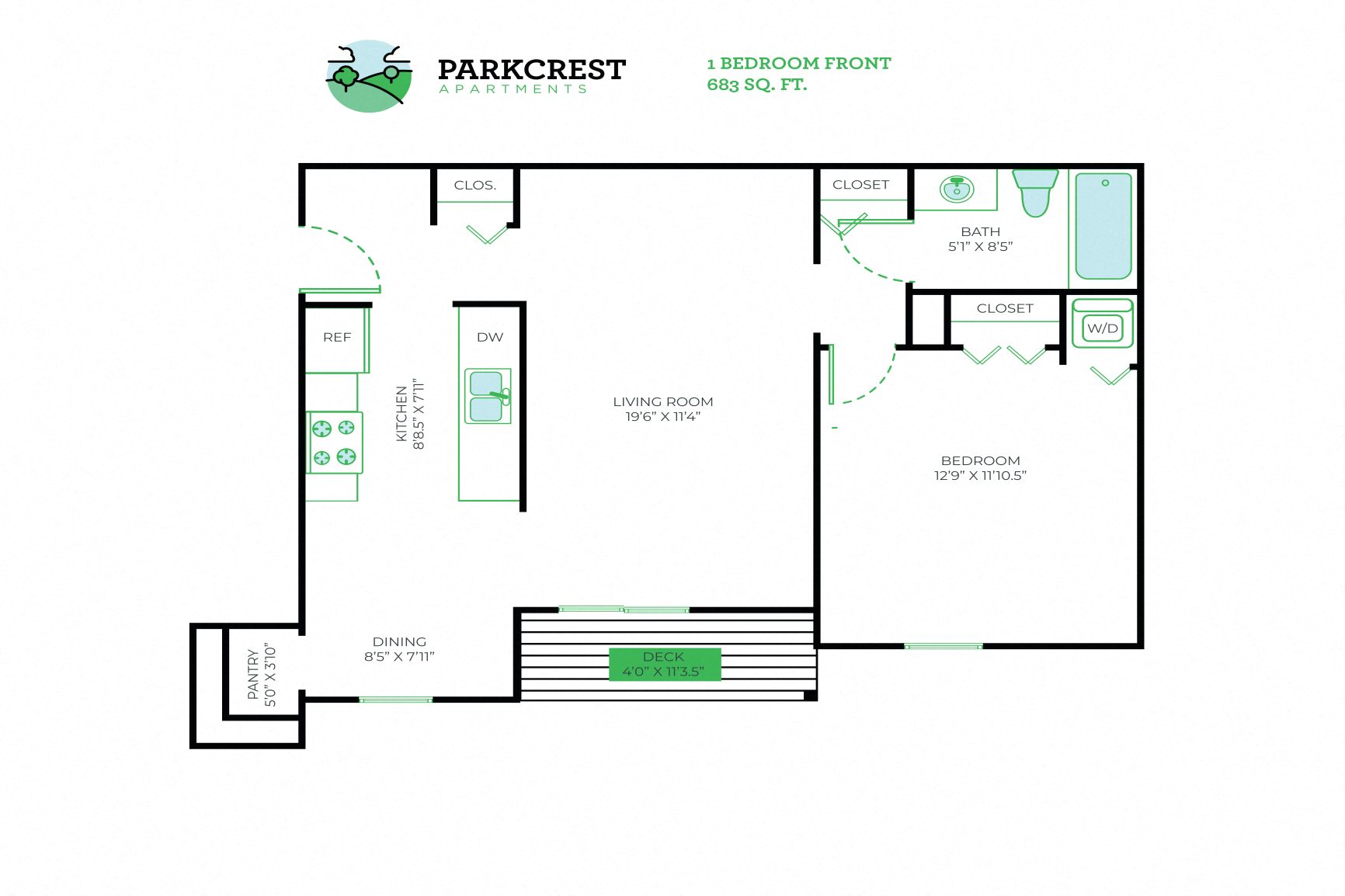 1 Bed, 1 Bath - 683 sq ft