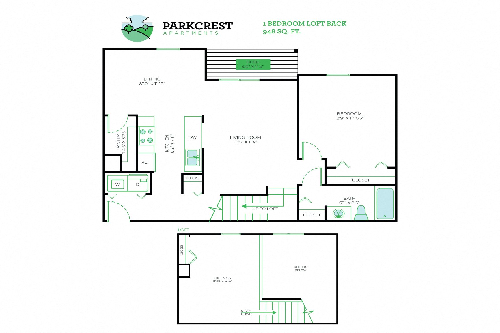 1 Bed, 1 Bath Loft - 948 sq ft