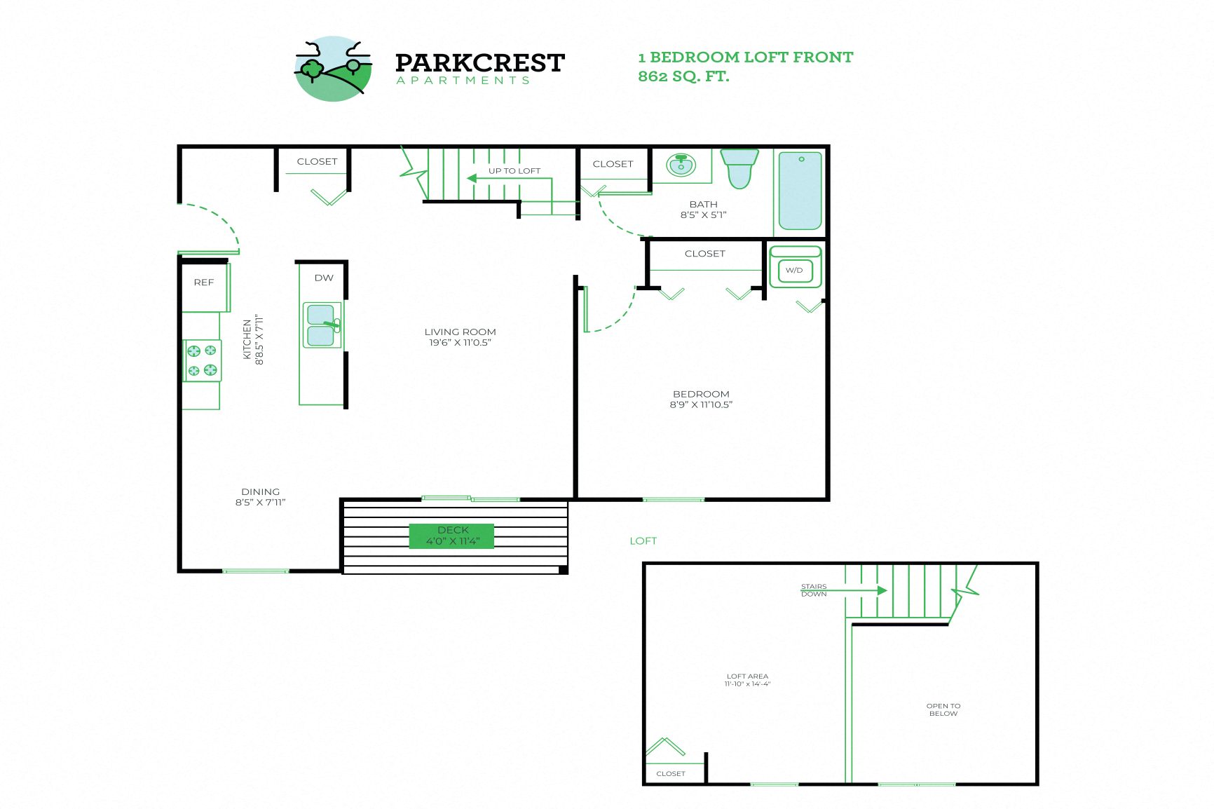 1 Bed, 1 Bed Loft - 862 sq ft