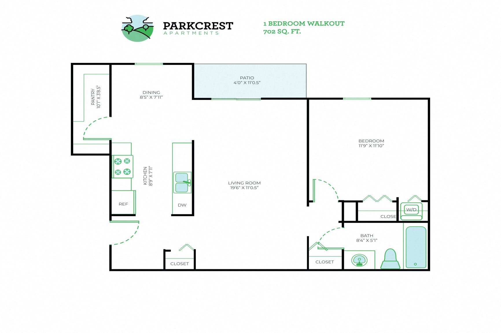 1 Bed, 1 Bath - 702 sq ft