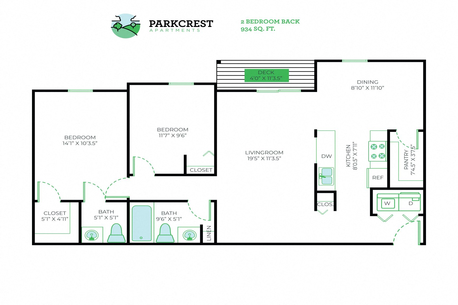 2 Bed, 1.5 Bath - 934 sq ft