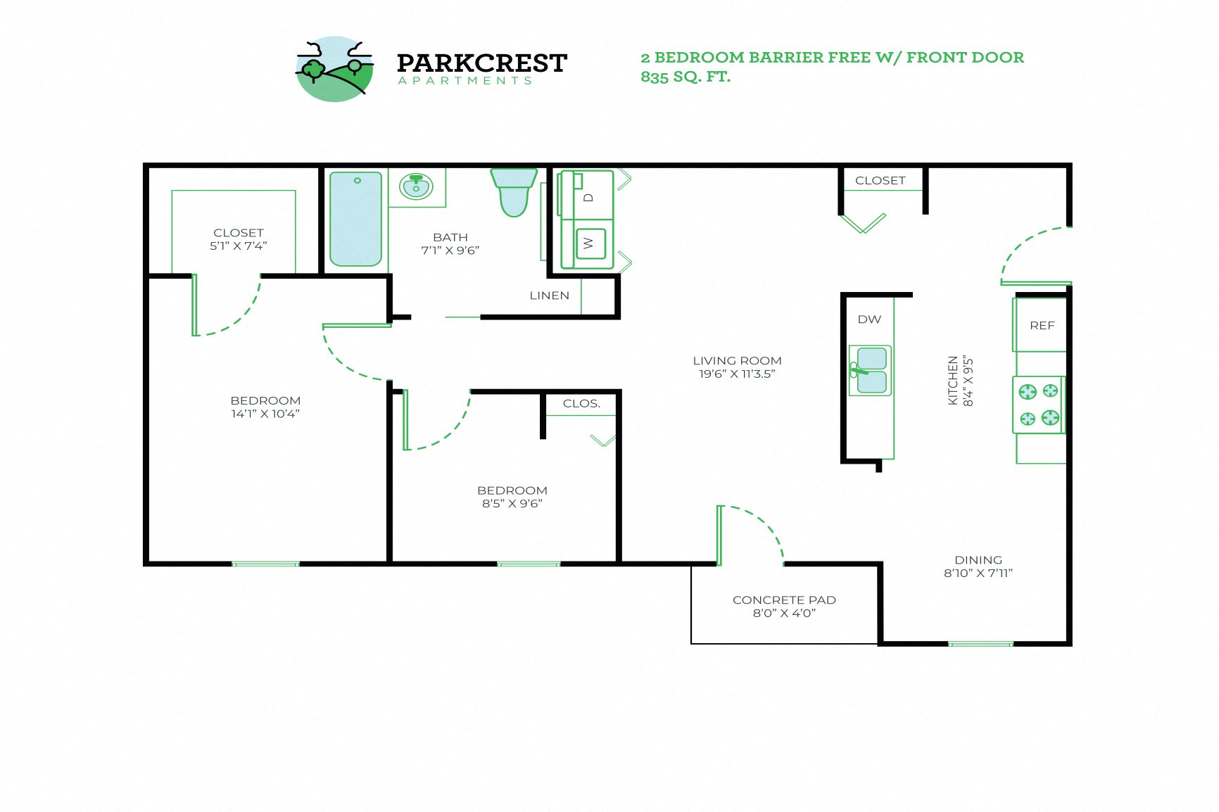 2 Bed, 1 Bath - 835 sq ft