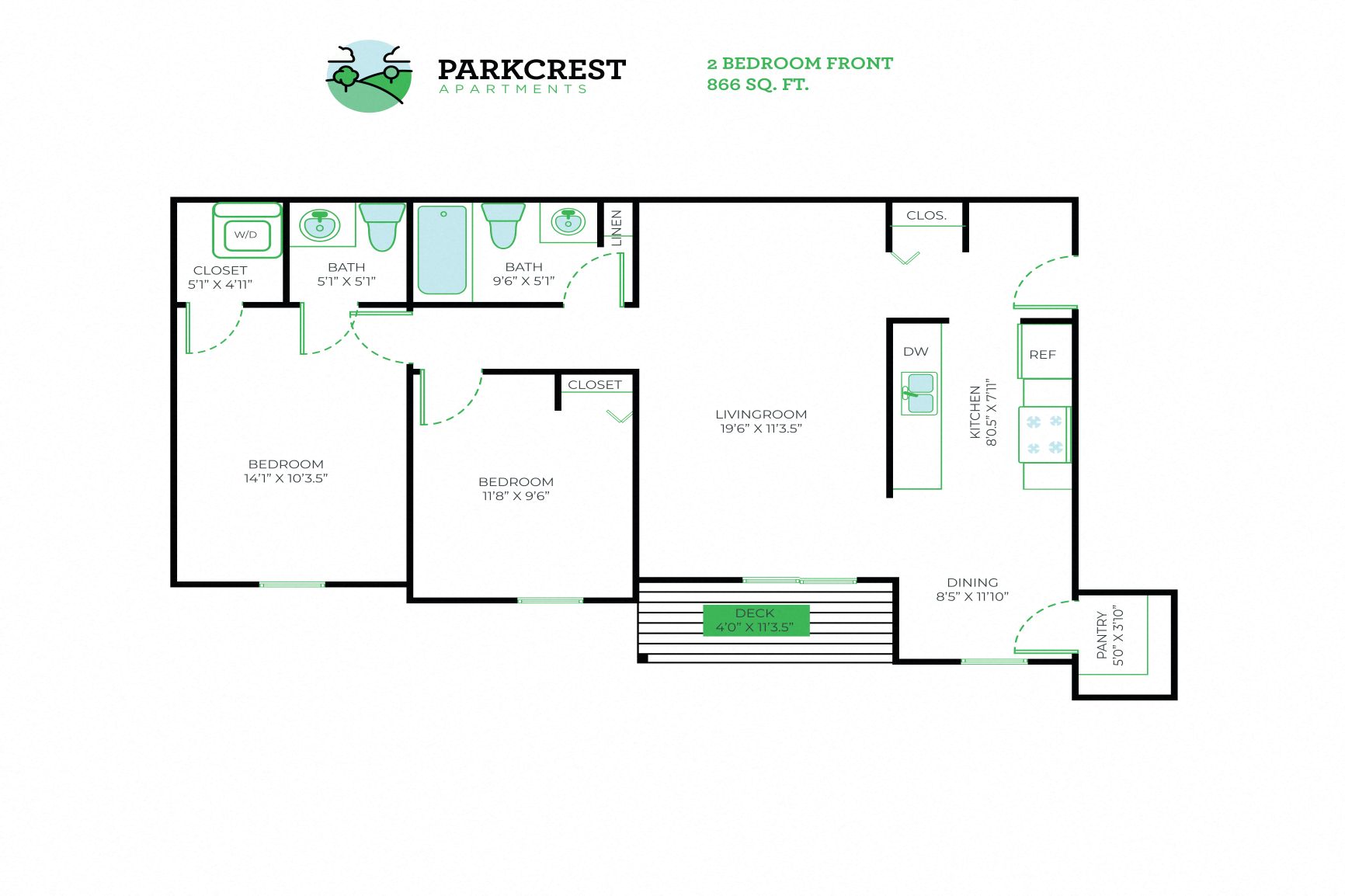 2 Bed, 1.5 Bath - 866 sq ft