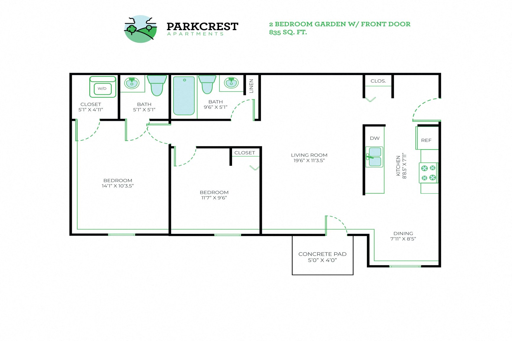 2 Bed, 1.5 Bath - 835 sq ft