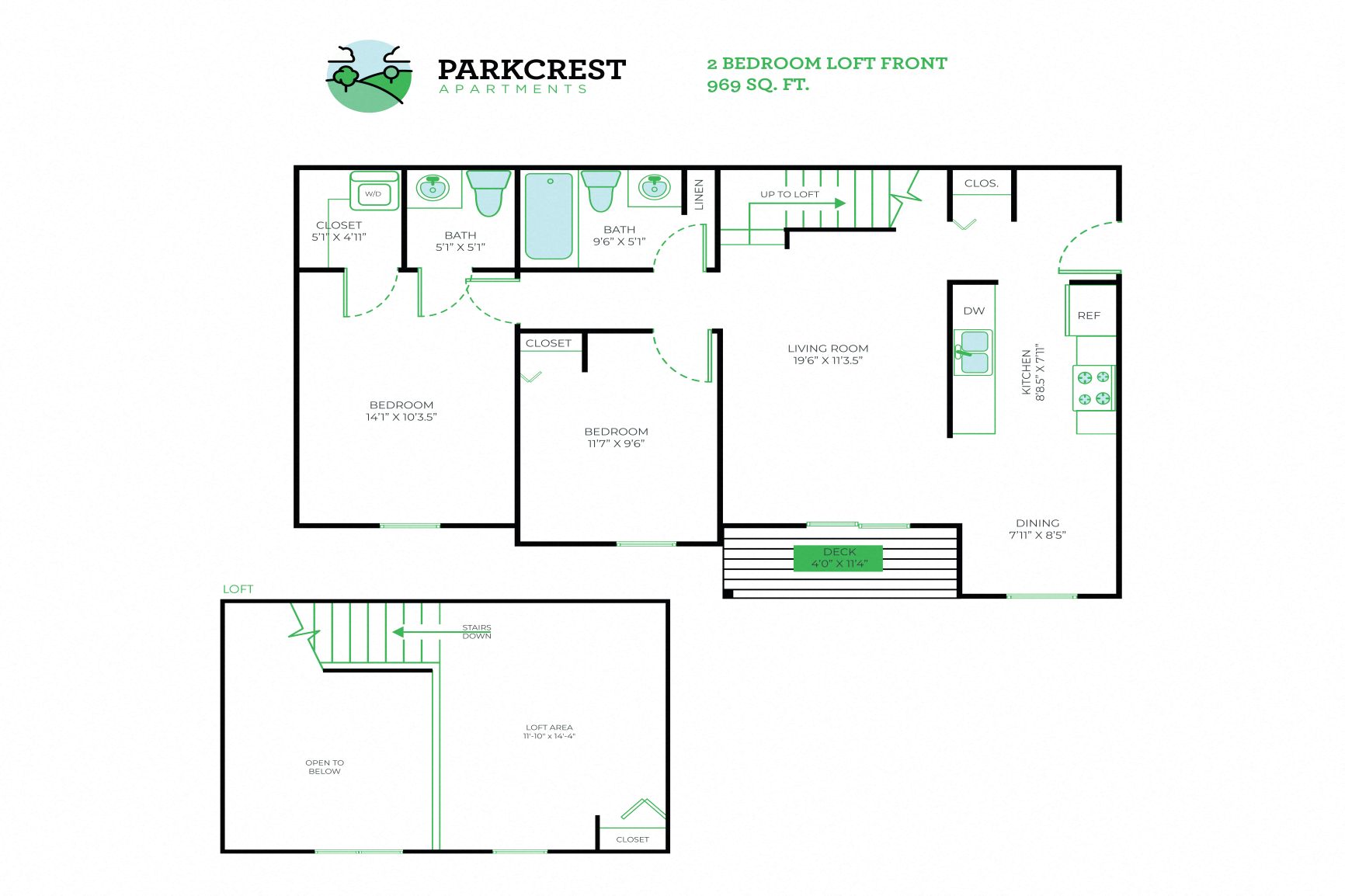 2 Bed, 1.5 Bath Loft - 969 sq ft