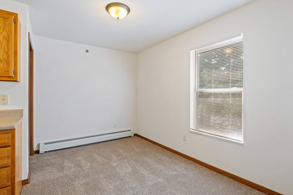 A room with a window covered by blinds and a carpet on the floor.