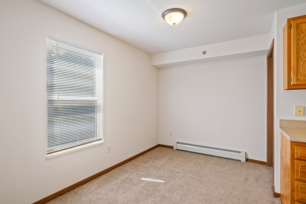 A room with a window and a carpeted floor.