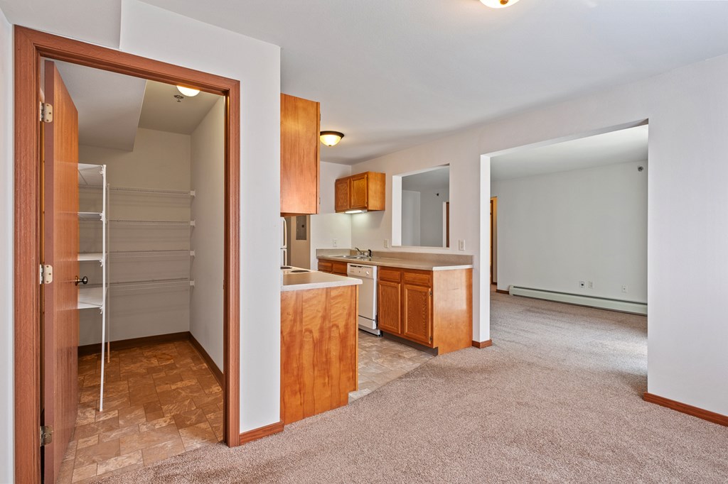 A kitchen with white walls and wooden cabinets.