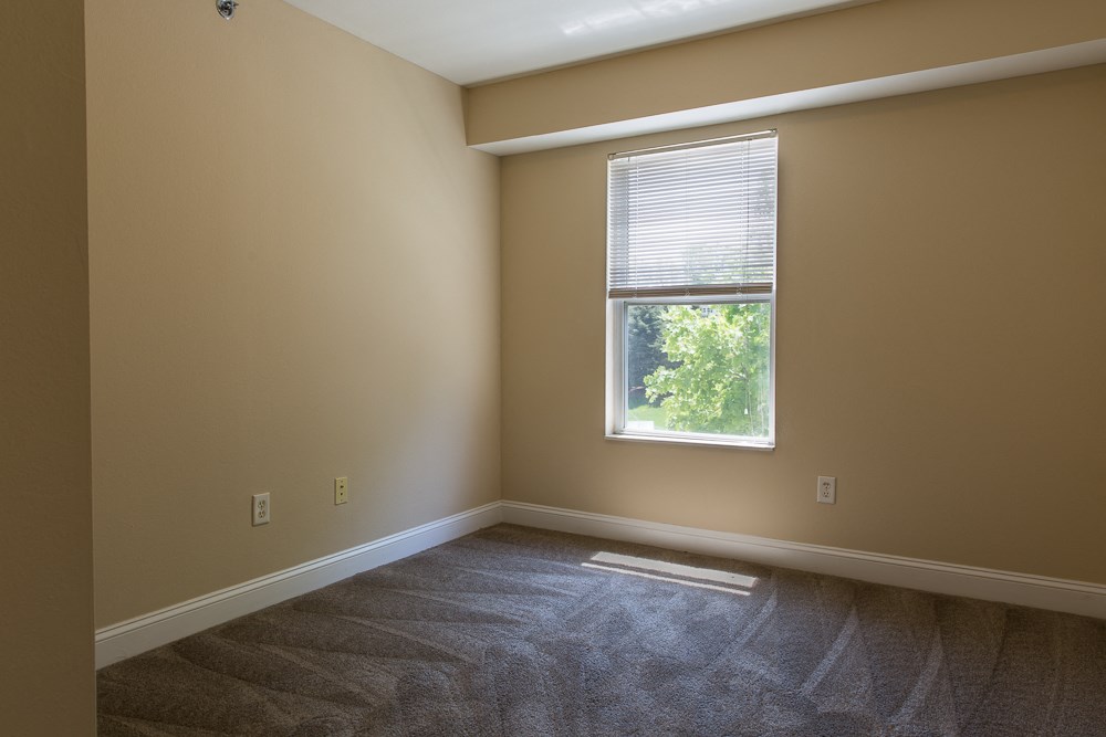 an empty room with a window and a carpet